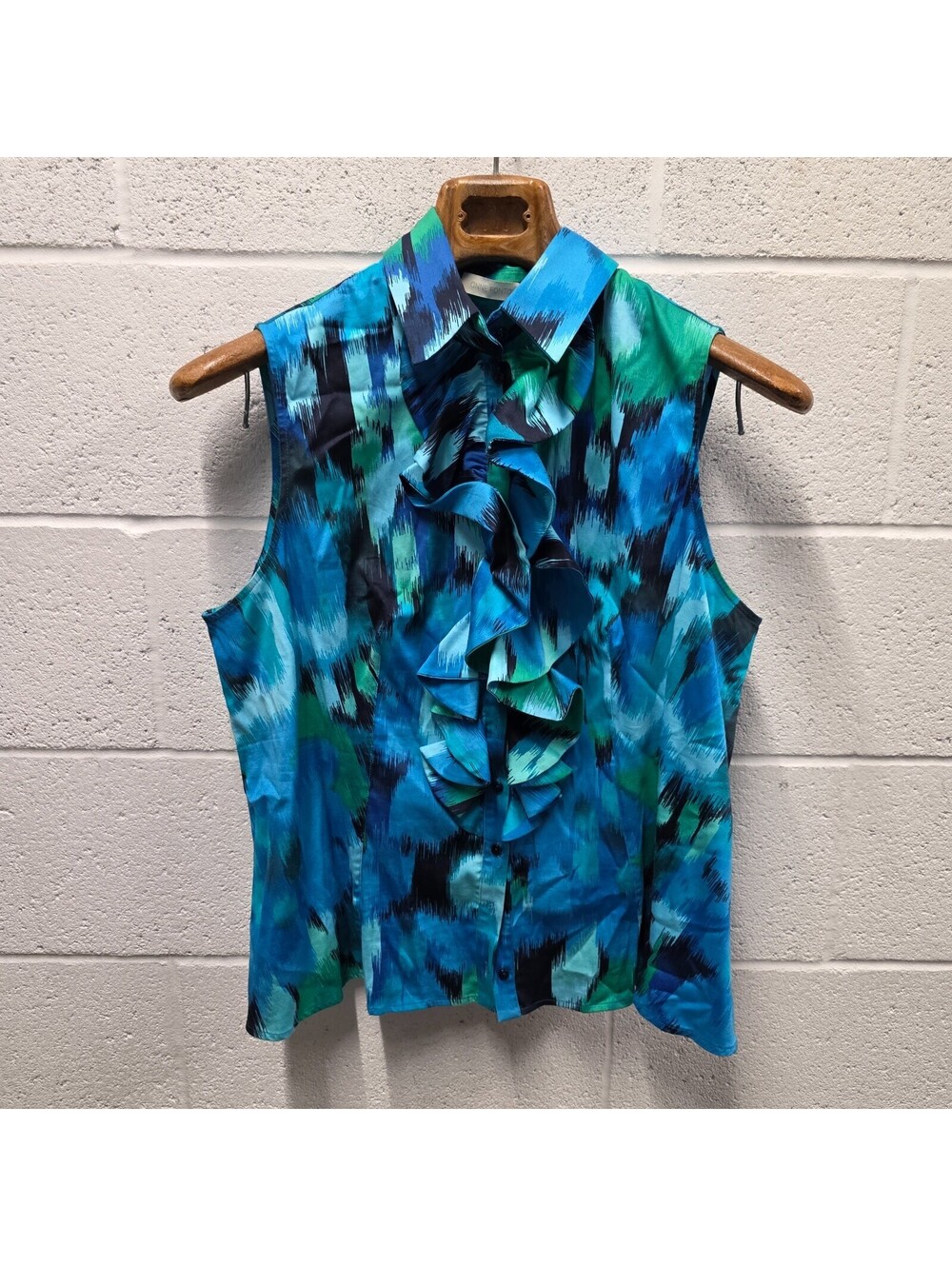 Anne Fontaine Blouse Womens 46 Blue Geometric Ruffle Button Sleeveless Top